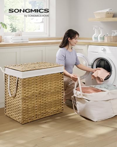 SONGMICS Laundry Hamper with Lid, 42.3 Gallon (160 L) Synthetic Rattan Clothes Laundry Basket with Lid and Handles, Foldable, Removable Liner, Goose Yellow ULCB216Y01 - color: Goose Yellow, size: 160 L