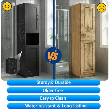 67" Metal Bathroom Storage Cabinet, Black | Tall Narrow Design, 2 Doors & 6 Shelves, Slim Skinny Cabinet, Multi-Room Use - color: Black
