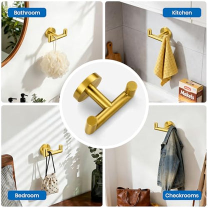 Shower Towel Hook, Wall Mount Robe Hook Holder, Brushed Gold | Stainless Steel Material, Double Hooks Design, Rust-Resistant, Strong Load-bearing Capacity - color: Brushed Gold