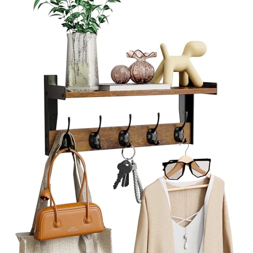 Wall Hooks with Shelf, Wood Coat Rack with Shelf Wall-Mounted, Entryway Hanging Shelves with 5 Metal Hooks for Clothes Hats Towel Purse Robes, Bathroom Mudroom Bedroom, Rustic Brown - size: 16 inch Long