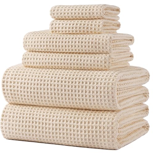POLYTE 430 GSM Poly Blend Microfiber Quick Dry Waffle Bath Towel Set of 6 | 2-Body Towels, 2-Hand Towels, 2-Wash cloths, Oversize, Lint Free - color: Light Beige