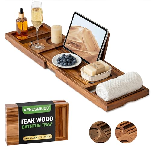 Venusmiles Teak Bathtub Tray Caddy, Foldable Bath Tray with Expandable Handles, Wine Glass and Phone Holders, Book Stand, for Home Spa Relaxation, Luxury Bathroom Accessories - Light Walnut Color - color: Light Walnut