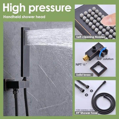 Enga Dual Shower Head Shower System with Body Jets, 12" Ceiling Mounted Rain Shower Head & 6" Wall Mounted Head Full Body Rainfall Shower Faucet with Valve Kit, Oil Rubbed Bronze - color: Oil Rubbed Bronze, style: Ceiling-12"+6"+Jets