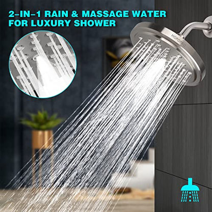 HOPOPRO High Flow Shower Head - High Pressure Rain - 7 Inch Rainfall Spray Showerhead - Tool-free 1-Min Installation - Adjustable Bathroom Shower Head Replacement with Luxury Look - Brushed Nickel