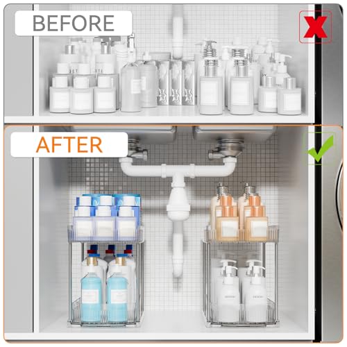 2 Pack Large Pull Out Bathroom Organizers and Storage,2 Tier 12.8″ Tall Sliding Kitchen Under Sink Organizer for Cleaning Products Storage,Acrylic Clear Bathroom inder Sink Organizer,Undersink Storage - style: 2 Pack-2 Tier