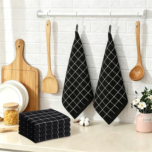 QUILTINA Kitchen Towels 6 Pack, 12 x 12 Inches, 100% Cotton Checkered Designed Terry Dish Cloths, Ultra Soft and Absorbent, Black - color: Black, size: 12 x 12 - 6 Pack-Checkered