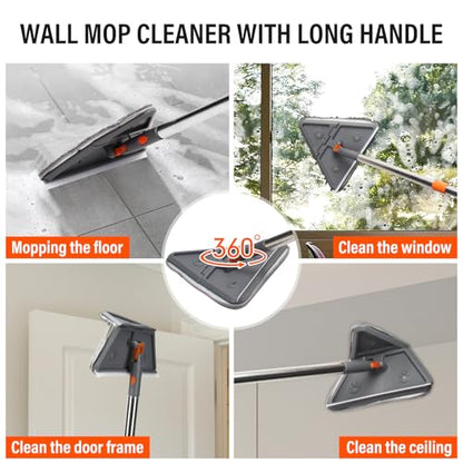 86" Baseboard Cleaner Tool with Handle,Wall Cleaner Tool with Long Handle, Ceiling Mop with Squeegee,Triangle Mop with 8 Replacement Pads for Baseboards Cleaning, Ceiling, Wall, Floor, Shower
