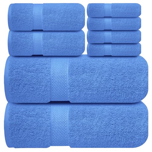 Infinitee Xclusives 100% Cotton Bath Towel Set – 8 Piece Bathroom Towel Set | (2 Bath Towels, 2 Hand Towels, 4 Washcloths) – Soft & Absorbent Towels for Bathroom - Gym, Shower, Spa & Hotel Use - color: Eloquent Blue, size: Towel set - 8 Pack