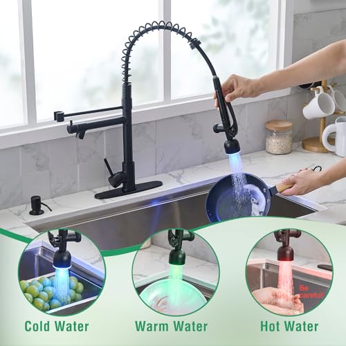 Fapully LED Commercial Kitchen Faucets with Pull Down Sprayer Matte Black | Single Handle Faucet for Kitchen Sink, Kitchen Faucet with Soap Dispenser and Deck Plack for 4 Hole - color: Matte Black, style: Rustic