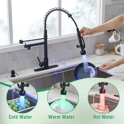 Fapully LED Commercial Kitchen Faucets with Pull Down Sprayer Matte Black | Single Handle Faucet for Kitchen Sink, Kitchen Faucet with Soap Dispenser and Deck Plack for 4 Hole - color: Matte Black, style: Rustic