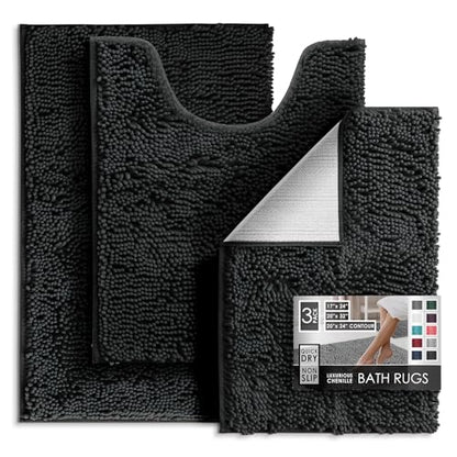 Hearth & Harbor Bathroom Rugs, Chenille Bath Mat - Machine Washable Bath Mats for Bathroom Non-Slip Backing Rubber, Quick Dry Mat - Black Bath Rug, 17x24-20x32-20x24 - color: Black, style: 17x24 / 20x32 / 20x24