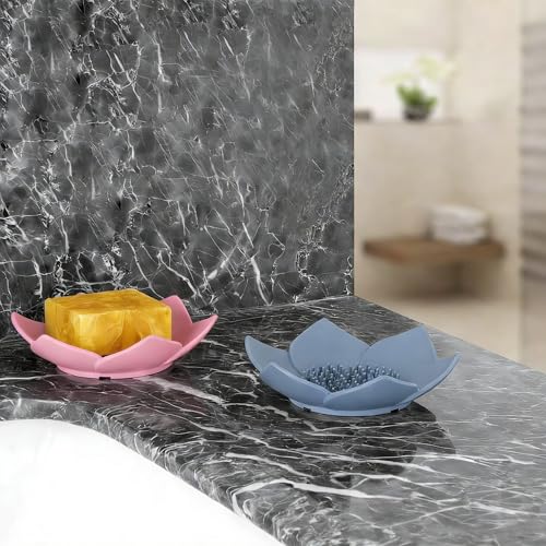 3 Pack Soap Dish, Bar Soap Holder, Bathroom Soap Tray with Drain, Lotus Silicone Soap Holder for Bathroom Shower (Blue, Pink, White) - color: Blue, Pink, White