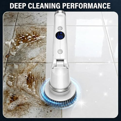 Electric Spin Scrubber, High Torque Deep Cleaning Scrubber, Cordless Cleaning Brush with Adjustable Handle & 7 Replaceable Heads, Heavy-Duty Bathroom Scrubber for Bathroom Cleaning (White)