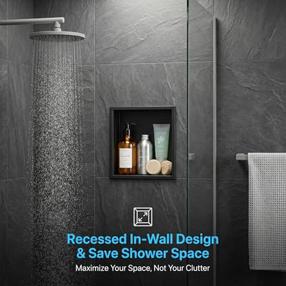 304 Stainless Steel Shower Niche 12” x 12” for Bathroom Storage | Waterproof Matte Black Recessed Shower Niche No Tile Needed with 2-Tier Shelves - size: 12 x 12 inch