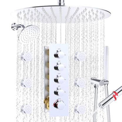 HOMEDEC 16inch Round Rain Shower System with 6" Wall Mounted Shower Head, 4 Way Shower Valve with 2-Function Handheld Shower and Massage Jets, Chrome - color: Chrome, style: 4-Way + 1x 6" Top