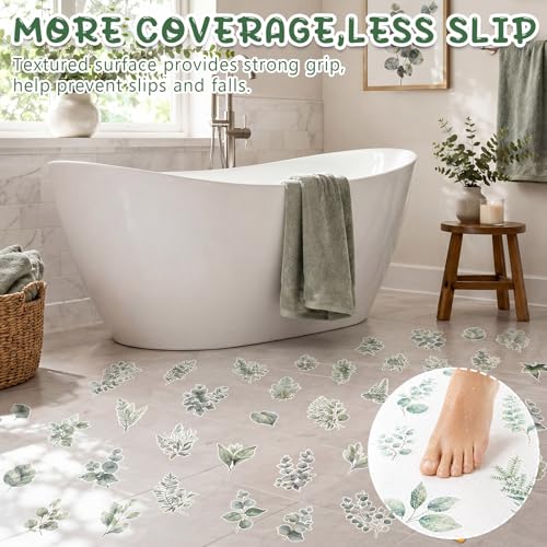 Fullhawl 30 Pcs Eucalyptus Non Slip Bathtub Stickers Green Eucalyptus Anti Slip Shower Stickers Shower Floor Nonslip Sticker Applique Adhesive Decals Treads with Scraper for Bathtub Bathroom Floor - style: Eucalyptus