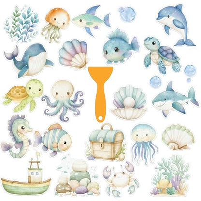 Whaline 24Pcs Ocean Animal Bathtub Non Slip Stickers Cute Sea Creature Anti Slip Adhesive Shower Decals with Scraper for Summer Bathroom Shower Floor Stairs Decor