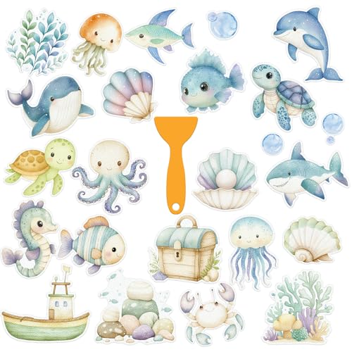 Whaline 24Pcs Ocean Animal Bathtub Non Slip Stickers Cute Sea Creature Anti Slip Adhesive Shower Decals with Scraper for Summer Bathroom Shower Floor Stairs Decor