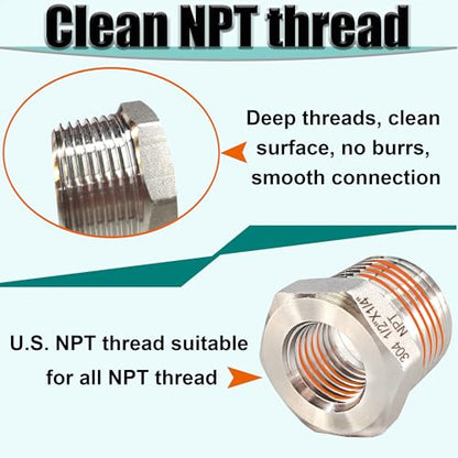 1/2" NPT Male to 1/4" NPT Female Hex Bushing Reducer, 304 Stainless Steel NPT Reducing Adapter Pipe Fitting, Heavy Duty Pipe Hex Bushing for Reducing Pipe (1/2” MNPT x 1/4” FNPT)