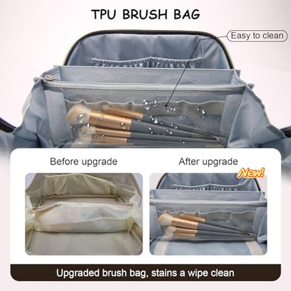 BOYATU Travel Makeup Bag Organizer Cosmetic Bag: 3 Pcs Set Make up Bags for Women with Handle - Waterproof Vegan Leather Toiletry Bags Travel Essentials Pouch with Compartments (A-03-Brown) - color: 02-D-Brown
