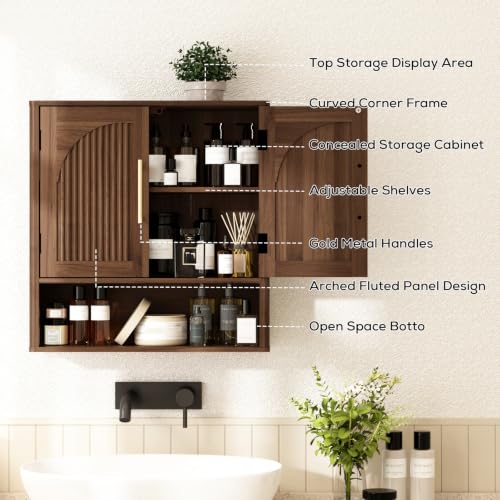 RUSTOWN Fluted Bathroom Wall Cabinet with Arched Doors & Rounded Edges | Over The Toilet Storage Cabinet with Adjustable Shelf, Mid Century Modern Medicine Cabinets, Laundry & Kitchen Shelving Unit - color: Dark Walnut