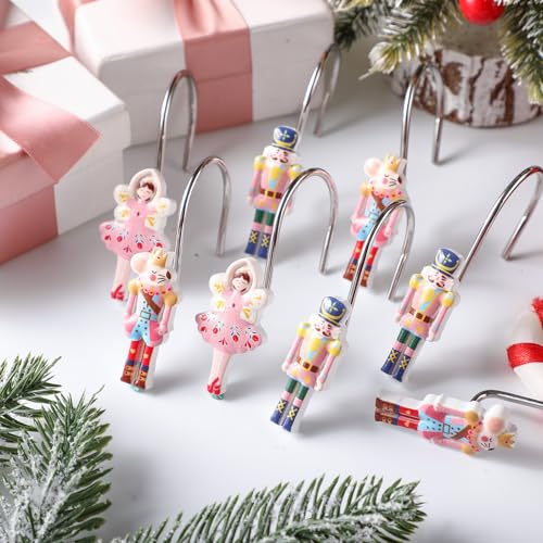 Colingmill 12 Pcs Christmas Nutcracker Shower Curtain Hooks Xmas Pink Nutcracker Shower Curtain Hooks Holiday Bathroom Rust Resistant Decor Rings for Winter Bathroom Bedroom Farmhouse Decorations - style: Nutcracker