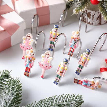 Colingmill 12 Pcs Christmas Nutcracker Shower Curtain Hooks Xmas Pink Nutcracker Shower Curtain Hooks Holiday Bathroom Rust Resistant Decor Rings for Winter Bathroom Bedroom Farmhouse Decorations - style: Nutcracker