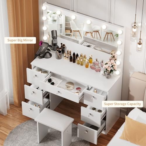 VOWNER Vanity with Lighted Mirror - Makeup Vanity Desk with Power Outlet and 7 Drawers, 3 Color Lighting Modes Adjustable Brightness, 44" Vanity Table with Soft Cushioned Stool for Women Girls, White - color: White