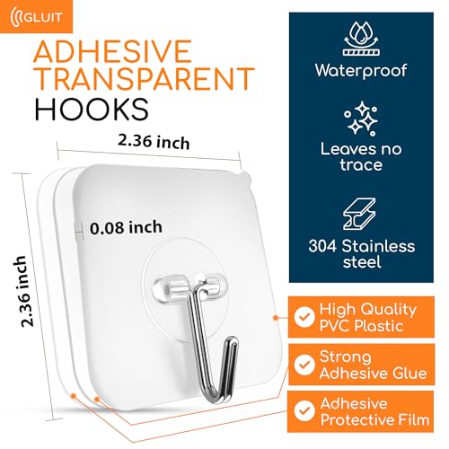 Adhesive Wall Hooks for Hanging, Heavy Duty No Drill, 22 lbs, 12 Pack | GLUIT Adhesive Wall Hooks for Hanging, Transparent Waterproof Sticky Towel Hook for Bathroom Kitchen Home Outdoor - size: Medium, 12 pcs