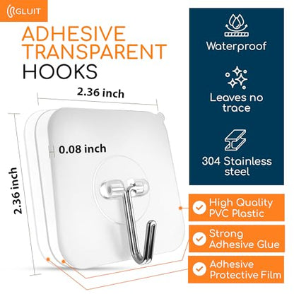 Adhesive Wall Hooks for Hanging, Heavy Duty No Drill, 22 lbs, 12 Pack | GLUIT Adhesive Wall Hooks for Hanging, Transparent Waterproof Sticky Towel Hook for Bathroom Kitchen Home Outdoor - size: Medium, 12 pcs