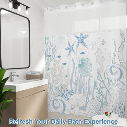 No Hook Shower Curtain Set with Detachable Snap in Liner, Waterproof Summer Shower Curtain with Ventilation Top Window and Weighted Hem, Ocean Theme Coastal Shower Curtains for Bathroom, 71x74 Inches - color: Calm Ocean