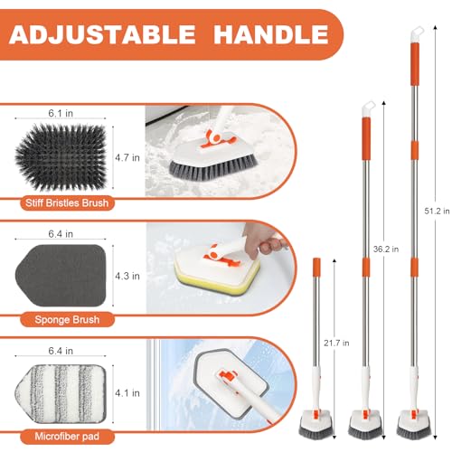 Long Handled Scrub Brush for Shower，3-in-1 Cleaning Brushes with 3 Different Function Cleaning Heads Brush for Shower Cleaning Bathroom Kitchen Walls Tub Tile - color: Orange