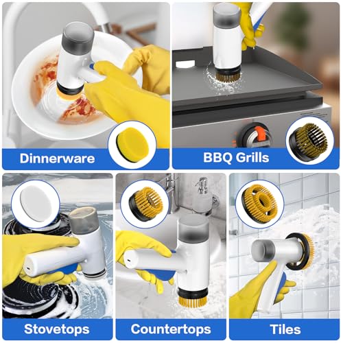 Electric Spin Scrubber 2 in 1 Scrubber Brush & Cleaning Spray with No-Rinse Formula Cleaner IPX7 Full Body Waterproof Bathroom Cleaning Brush With 6 Brush Heads for Kitchen,Bathroom, Grill，Tile