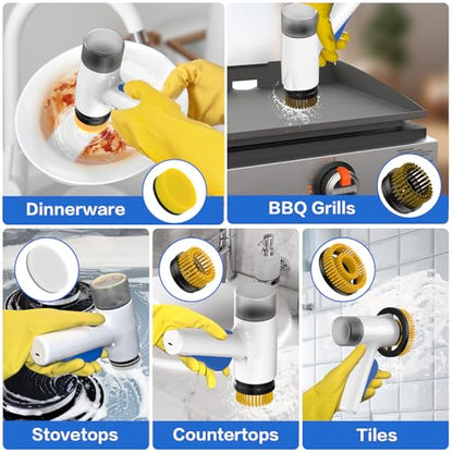 Electric Spin Scrubber 2 in 1 Scrubber Brush & Cleaning Spray with No-Rinse Formula Cleaner IPX7 Full Body Waterproof Bathroom Cleaning Brush With 6 Brush Heads for Kitchen,Bathroom, Grill，Tile