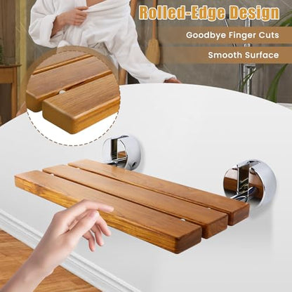 20 inchs Teak Folding Shower Seat Wall Mounted,Fold Down Shower Bench for Shower Space, Home Care Teak Wood Stool for Inside Shower,Pregnants-Maximum Load 440lb (Glossy & Yellow) - color: Glossy & Yellow
