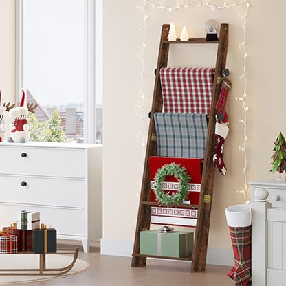 Hzuaneri Blanket Ladder, Decorative Quilt Rack with 4 Removable Hooks | 6-Tier Blanket Ladder Shelf for Bedroom Living Room, Rustic Brown BR30601X - size: 5.6"D x 17"W x 66.7"H