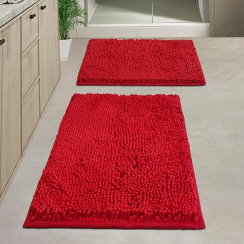 Red Bathroom Rugs Sets 2 Piece Non Slip,Bath Rugs with PVC Backing Bath Carpet,Bathroom Rug Washable,Absorbent,Plush Carpet Mats,Bath Mats for Bedroom, Kitchen,Tub,Home Decor - color: Red, size: 16 x 24 inch + 20 x 32 inch (Rectangular)