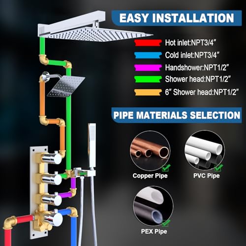 Enga Thermostatic Dual Shower System, 12"+6" Wall Mount Dual Rain Shower Faucet, All Functions Use Together & Volume Adjustable, Chrome - color: Chrome, style: ‎12"+6" Head