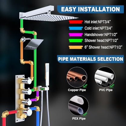 Enga Thermostatic Dual Shower System, 12"+6" Wall Mount Dual Rain Shower Faucet, All Functions Use Together & Volume Adjustable, Chrome - color: Chrome, style: ‎12"+6" Head