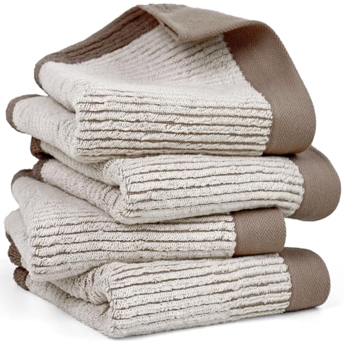 Cleanbear Hand Towels for Bathroom Set of 4, Jacquard Weaved Cotton Face Towels, 28 x 13.7 Inches (Light-Brown) - color: Light-brown
