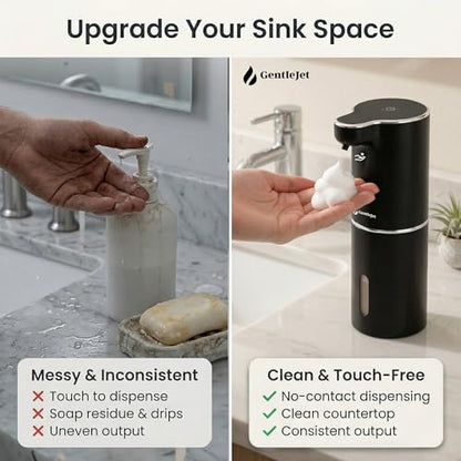 GentleJet JetFoam Automatic Foam Soap Dispenser Touchless Sensor, USB-C Rechargeable, Adjustable Output, IPX5 Waterproof, 300 ml, Bathroom & Kitchen Countertop - color: Black