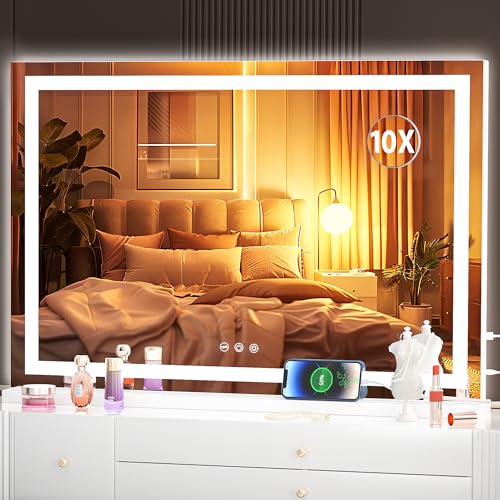 Hasipu Vanity Mirror with Lights, 32" x 20" LED Makeup Mirror, Lighted Makeup Mirror with Dimmable 3 Modes, Touch Screen Control Vanity Mirror Square White - color: White, size: 32"L x 20"W