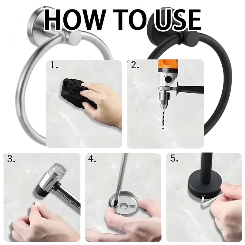 Stainless Steel Silver Round Adhesive Towel Ring Hooks, Rustproof, No-Drill Wall Holder, Modern Design for Bathroom, Kitchen & Laundry Room - color: Silver