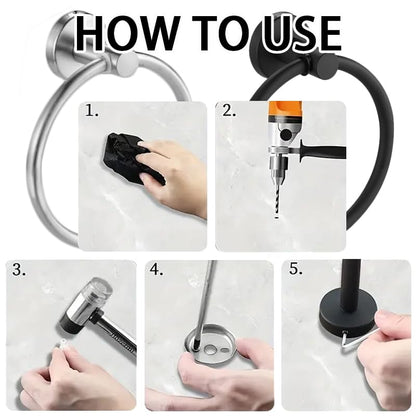 Stainless Steel Silver Round Adhesive Towel Ring Hooks, Rustproof, No-Drill Wall Holder, Modern Design for Bathroom, Kitchen & Laundry Room - color: Silver