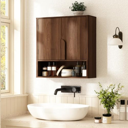 RUSTOWN Wall Mounted Bathroom Cabinets with Rounded Edges & Curved Handles | Adjustable Shelf, 3-Tier Over The Toilet Storage Cabinets, Modern Medicine Cabinet for Laundry Kitchen Living Room - color: Dark Walnut
