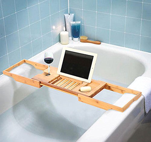 Bathtub Rack Bamboo Shelf Shower Tub Book Reading Tray Holder Stand Expandable