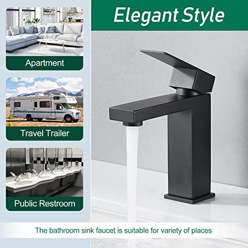 VOTON Bathroom Faucet Matte Black Bathroom Faucet 1 Hole, Stainless Steel Vanity Faucet for Bathroom Sink with Deck Plate Water Supply Hoses - color: B-Matte Black, style: Without Drain