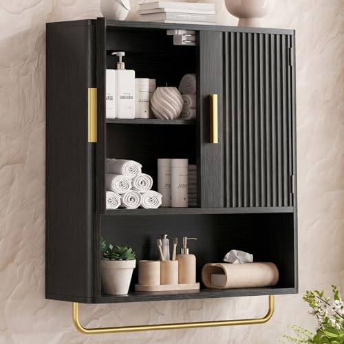 Bathroom Wall Cabinet, Medicine Cabinet with Fluted Door & Adjustable Shelf | Over The Toilet Storage Cabinet with Towel Bar, Space-Saving Cabinet Wall Mount for Laundry Room, Kitchen, Living Room - color: Black