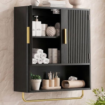 Bathroom Wall Cabinet, Medicine Cabinet with Fluted Door & Adjustable Shelf | Over The Toilet Storage Cabinet with Towel Bar, Space-Saving Cabinet Wall Mount for Laundry Room, Kitchen, Living Room - color: Black