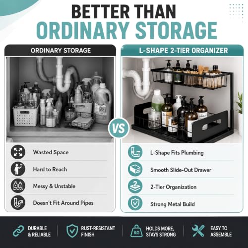 2-Tier Under Sink Organizer, Pull-Out Cabinet Storage Rack, Black, Adjustable Height 13.8 to 16.9 Inches